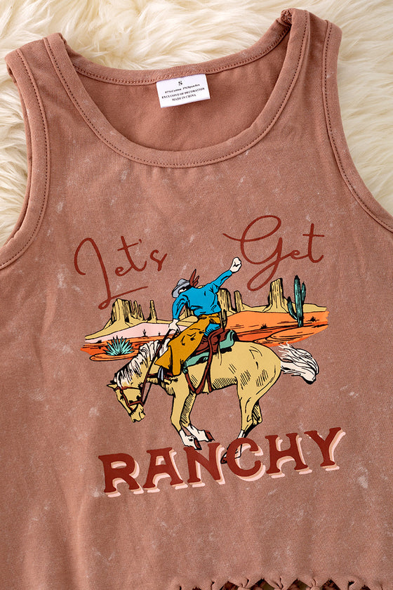 Let's get ranchy" washed brown tank top with fringe. TPG40430 AMY