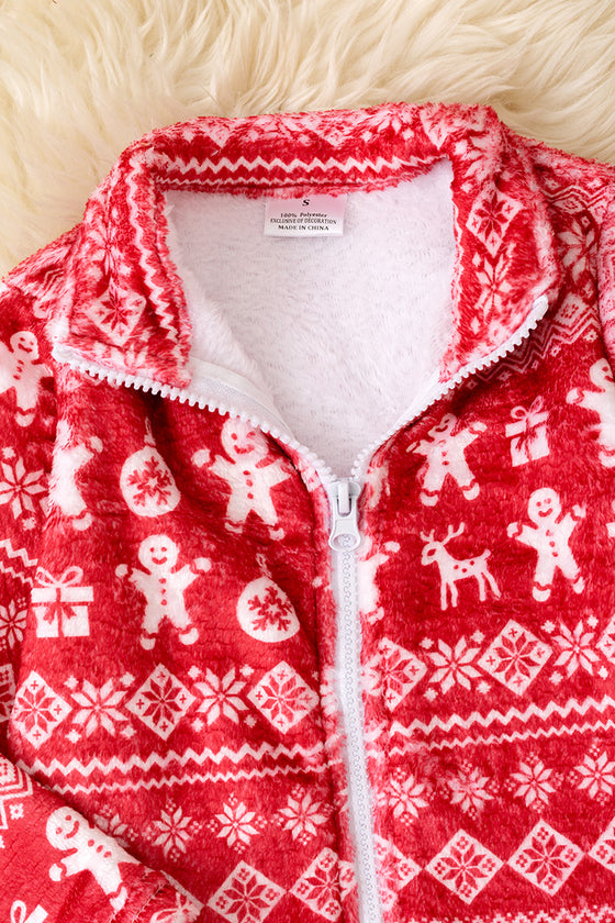 Ginger cookie-Red Christmas printed zip up jacket.  TPG51622 JEAN