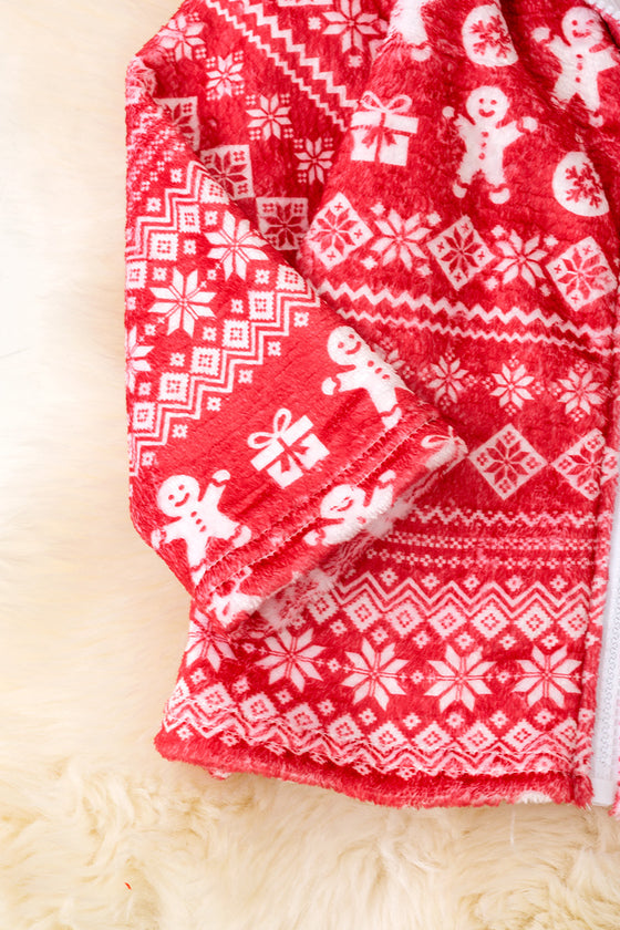 Ginger cookie-Red Christmas printed zip up jacket.  TPG51622 JEAN