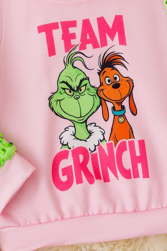 Team Grinch" Pink sweatshirt with green sequins sleeves. TPG51373 AMY