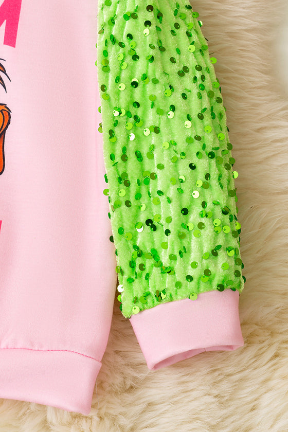 Team Grinch" Pink sweatshirt with green sequins sleeves. TPG51373 AMY