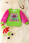 Howdy Grinchmas" Green and pink faux fur sleeve Christmas character sweatshirt. TPG51371 SOL (Copy)