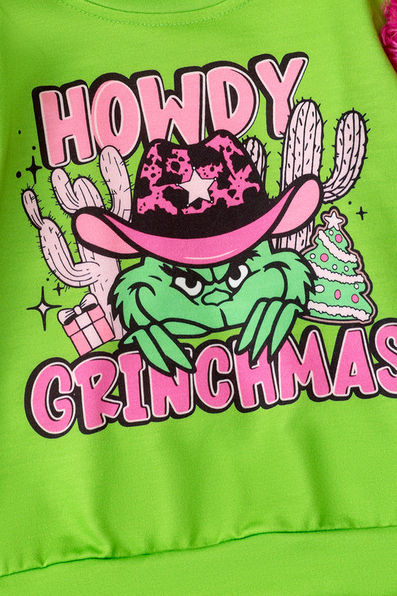 Howdy Grinchmas" Green and pink faux fur sleeve Christmas character sweatshirt. TPG51371 SOL (Copy)