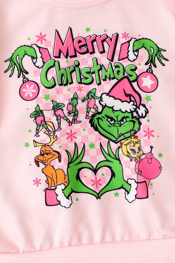 Merry Christmas" Lt.Pink Christmas character printed sweatshirt with ruffle detail on sleeves. TPG51372 SOL