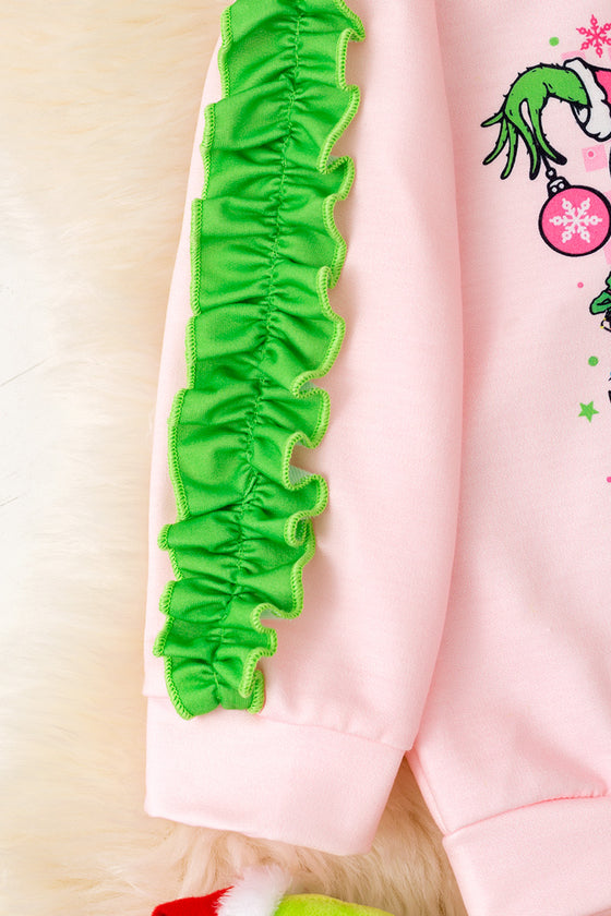 Merry Christmas" Lt.Pink Christmas character printed sweatshirt with ruffle detail on sleeves. TPG51372 SOL