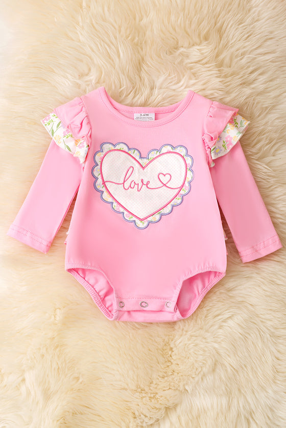 Pink Love, heart applique baby onesie with ruffle butt. RPG60025 JEAN