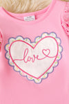 Pink Love, heart applique baby onesie with ruffle butt. RPG60025 JEAN