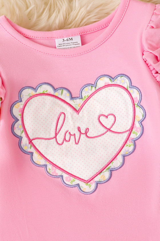Pink Love, heart applique baby onesie with ruffle butt. RPG60025 JEAN