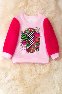  Merry Grinchmas" thunder printed pink sweatshirt with fuchsia faux fur sleeves. TPG51370 JEAN (Copy)