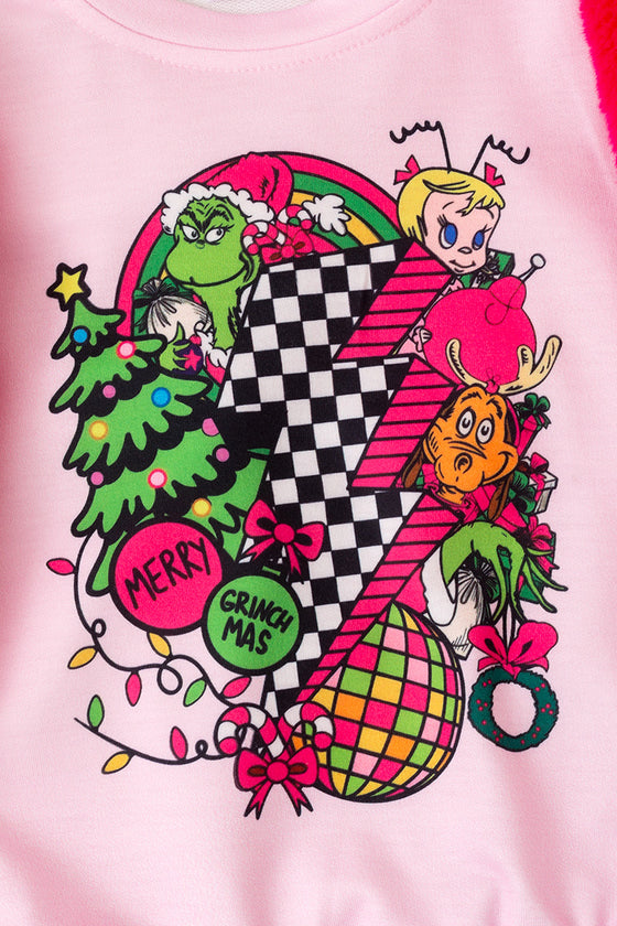 Merry Grinchmas" thunder printed pink sweatshirt with fuchsia faux fur sleeves. TPG51370 JEAN (Copy)
