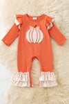 Orange baby romper w/ floral applique pumpkin & snaps. RPG62709 SOL