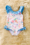 Hello Sweets multi-printed swimsuit w/blue ruffle. SWG60161 JEAN