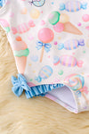 Hello Sweets multi-printed swimsuit w/blue ruffle. SWG60161 JEAN