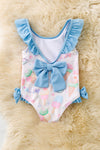 Hello Sweets multi-printed swimsuit w/blue ruffle. SWG60161 JEAN