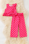 Hot pink & Lt.Pink checkered printed ruffle top & straight cut pants. OFG61873 SOL