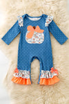 White polka dot on blue baby romper & pumpkin applique. RPG62735 AMY