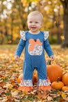 White polka dot on blue baby romper & pumpkin applique. RPG62735 AMY