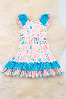  Easter printed dress w/turquoise contrast ruffle trim. DRG20114006 Jeann