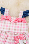 Pink plaid baby onesie / Baseball application detail & ruffle. RPG55144001 sol