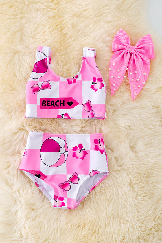 Pink & white checker printed girls swimsuit. SWG40095 WEN