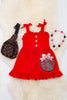 Baseball application on red dress with ruffle hem. DRG55144002 JEANN