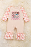 Howdy Valentine" Checker printed baby romper w/ ruffle hem. RPG05203003 JEANN