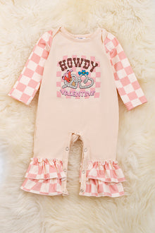  Howdy Valentine" Checker printed baby romper w/ ruffle hem. RPG05203003 JEANN