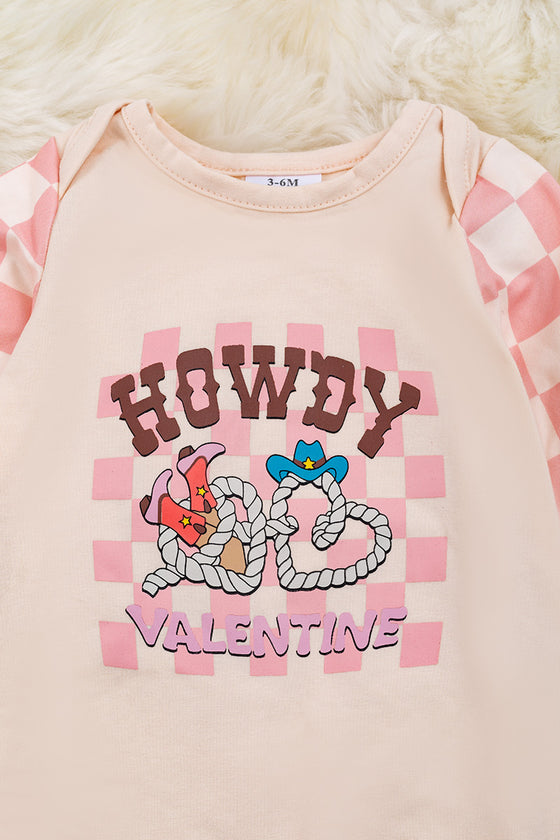 Howdy Valentine" Checker printed baby romper w/ ruffle hem. RPG05203003 JEANN