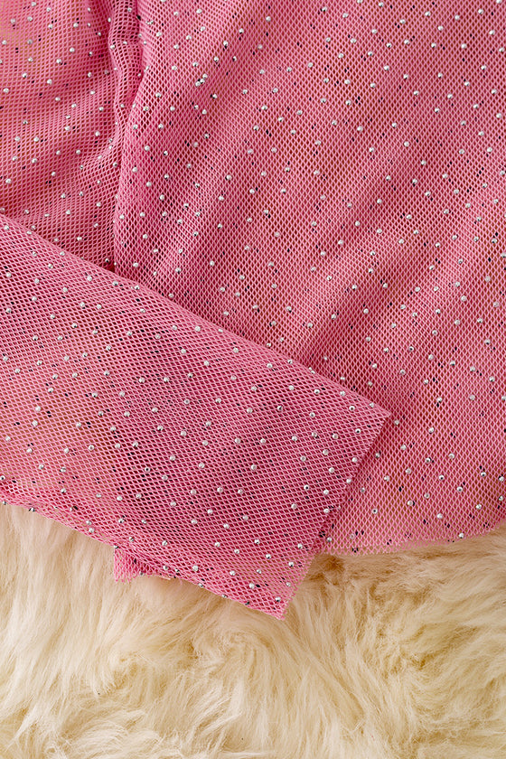 Pink mesh long sleeve top w/rhinestones. TPG40700 JEAN