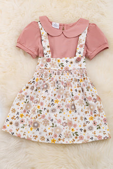  Smoked floral overall dress with blush shirt. OFG15154007 WENDY