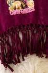 "Long live cowgirls" maroon graphic printed top w/fringe. TPG40429 JEAN