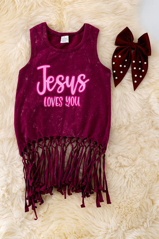 Jesus Loves You" washed maroon tank top w/fringe. TPG40426 AMY