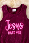 Jesus Loves You" washed maroon tank top w/fringe. TPG40426 AMY
