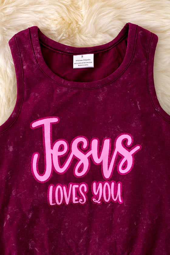 Jesus Loves You" washed maroon tank top w/fringe. TPG40426 SOL