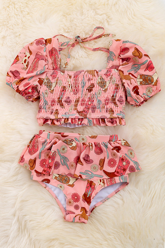 Smocked swim set with Western print & fold over bottoms. SWG25144004 WEND