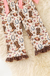 Western boot printed romper with cheetah angel sleeve and hem. PNG60277 JEAN
