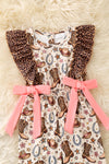 Western boot printed romper with cheetah angel sleeve and hem. PNG60277 JEAN