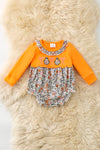 Floral ghost applique on orange baby romper. RPG62706 SOL