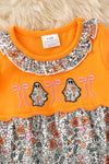 Floral ghost applique on orange baby romper. RPG62706 SOL