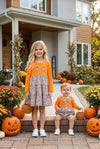 Floral ghost applique on orange dress. DRG63041 JEAN