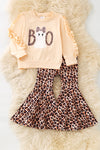 "Boo" Ghost application long sleeve top with ruffle sleeve and animal printed bells. OFG61764 AMY