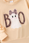 "Boo" Ghost application long sleeve top with ruffle sleeve and animal printed bells. OFG61764 AMY