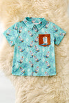 Aqua western boot printed button up shirt with side pocket. TPB60368 AMY