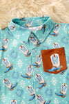 Aqua western boot printed button up shirt with side pocket. TPB60368 AMY