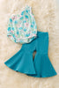 Turquoise Floral cold shoulder ribbed onesie & ribbed bell bottoms. RPG50978 JEANN