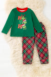 HO HO HO" Green boys long sleeve top and plaid pants. OFB60316 AMY