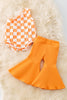 Orange Checkered cold shoulder ribbed onesie & ribbed bell bottoms. RPG50975 JEANN