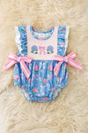 Purple floral on Blue bubble romper with pink side bows. RPG63458 JEAN