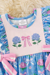 Purple floral on Blue bubble romper with pink side bows. RPG63458 JEAN