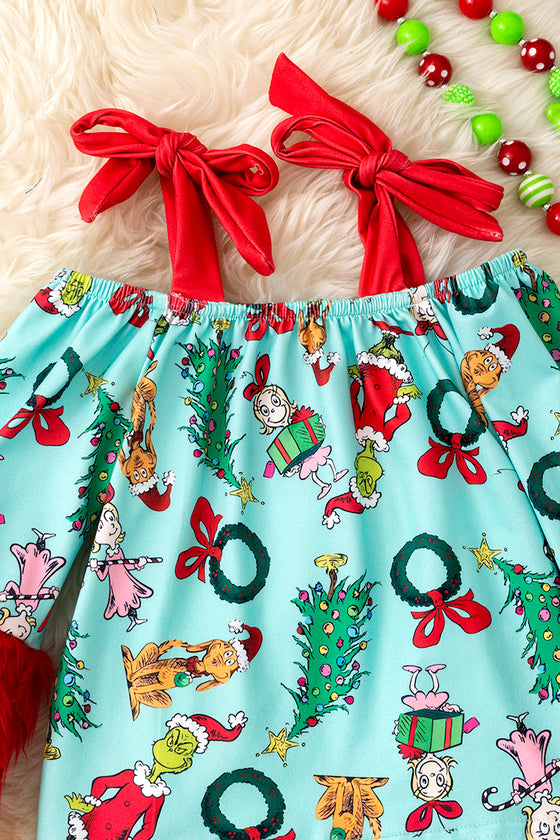 Christmas character 2 piece set on pink with red fur. OFG51177 JEAN